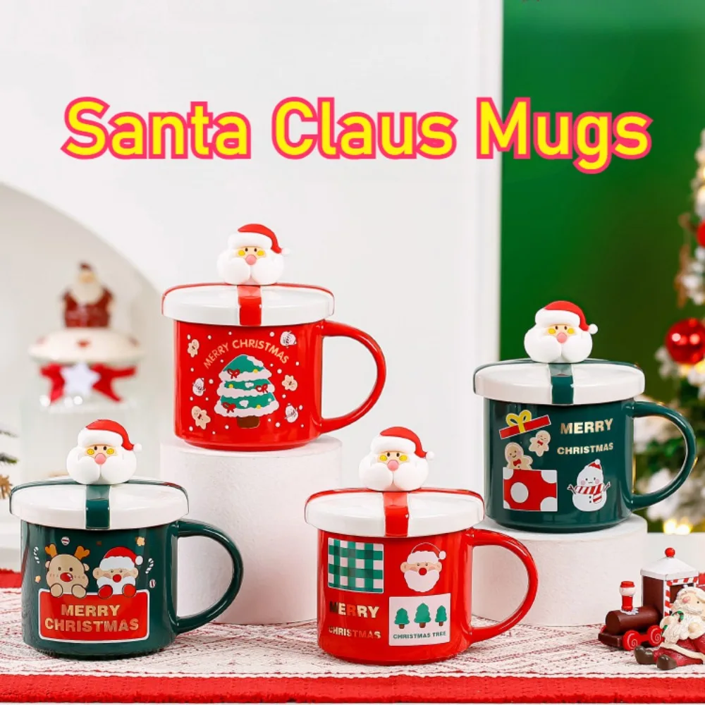 1PCS Christmas Santa Claus Mugs Design Novel Coffee Cups with Cover Scoop Gift High Temperature Resistant Thick Ceramic Teacup