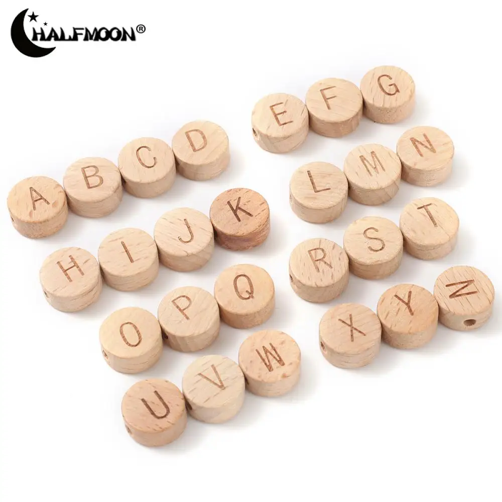 50Pcs 15mm Wooden Flat Round Beads Print English Letter Loose Spacer Beads For Jewelry Making DIY Bracelet Necklace Accessories