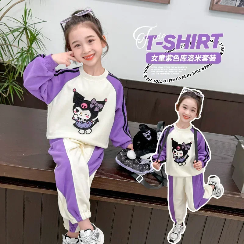 Kuromi Sudadera con capucha pantalones de chándal chicas encantadoras Kawaii Sanrio Anime ropa de otoño dibujos animados lindos niños moda Top de manga larga regalo para niños