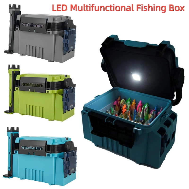 ILURE New Fishing Tackle Box Squid Jigs Wood Shrimp Fishing Box With LED Light Multifunction Large Fishing Accessory Storage Box