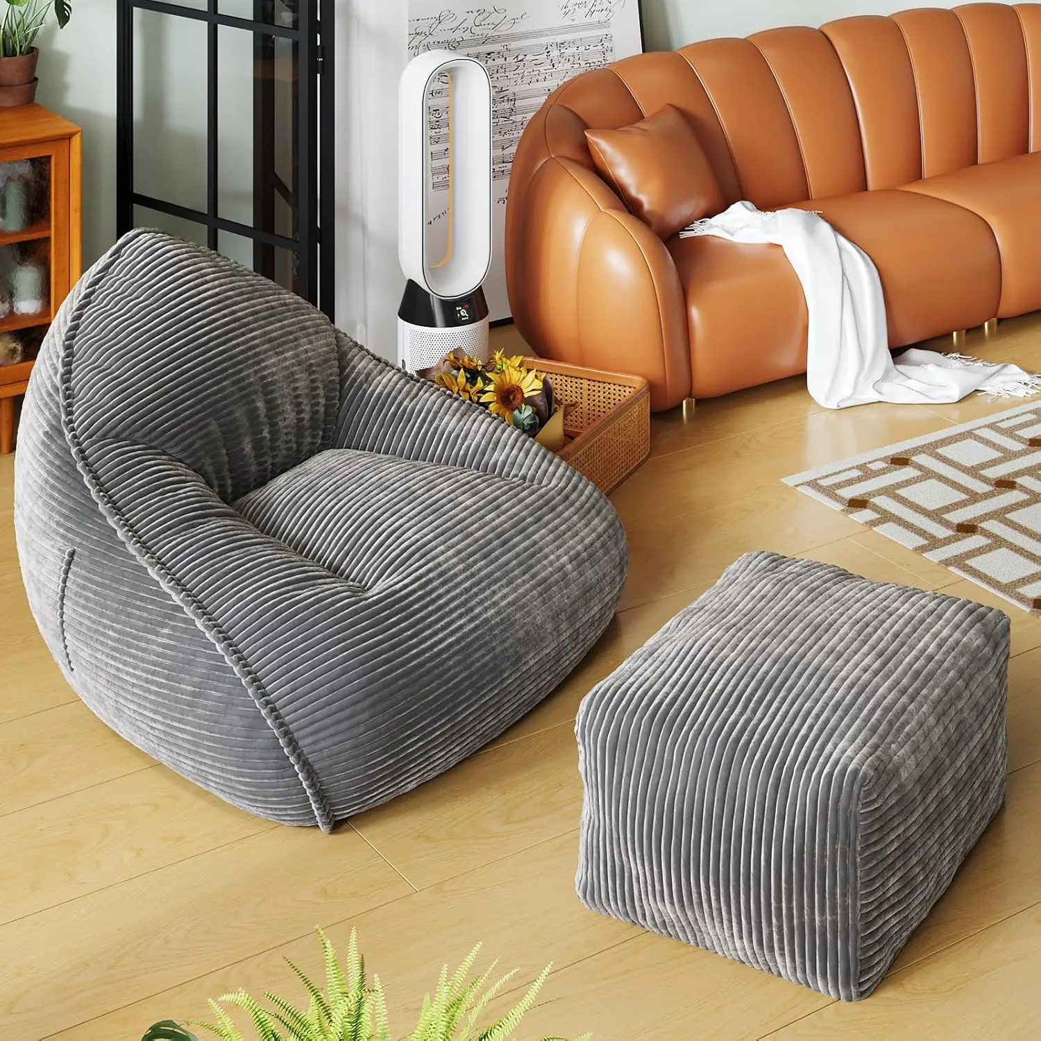

Cloud Large Bean Bag Chair with Ottoman, Corduroy Fabric+35D Memory Foam Big Beanbag Chair for Adults,Lounger, Customized