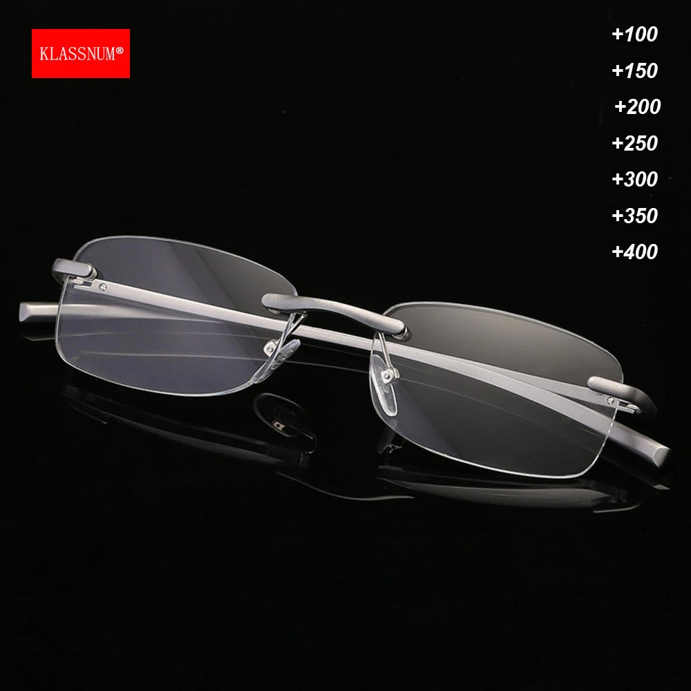 KLASSNUM Plus okulary do czytania męskie bez oprawek aluminiowa ramka luksusowe okulary dla osób starczowzrocznych powiększające prezbiopia przezroczyste okulary + 1.0 1.5 4.0
