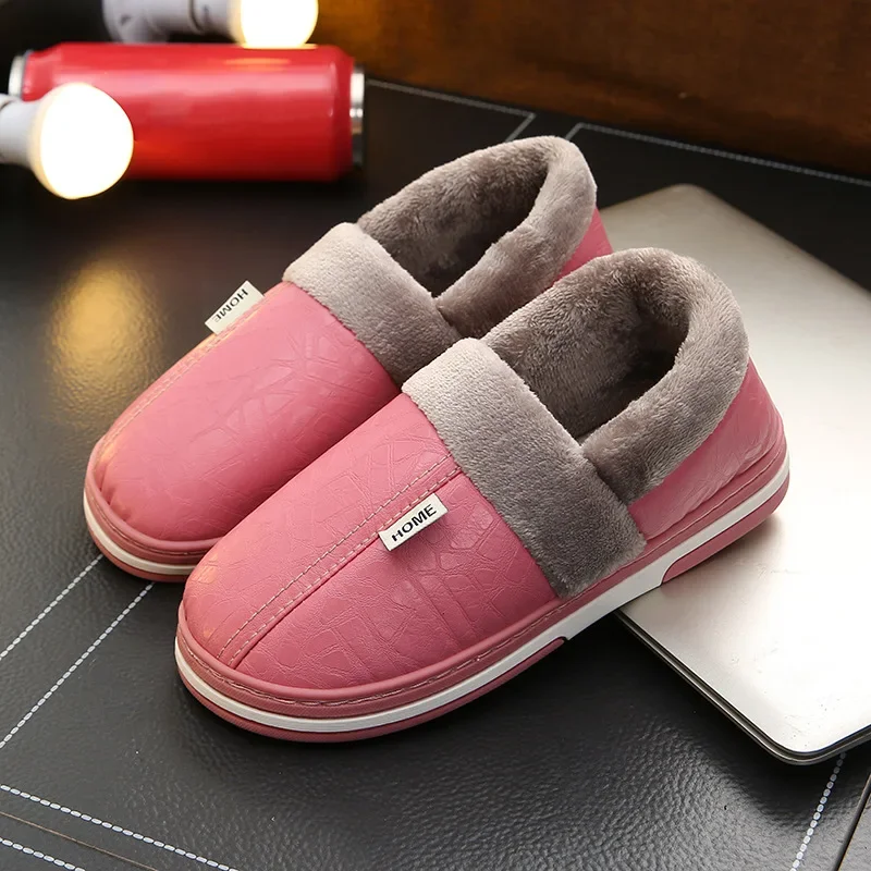 Big Size 50 51 Men Slippers Winter Warm PU Leather Waterproof Indoor Home Slipper Furry Shoes Couples Flats Bedroom Plush Slides