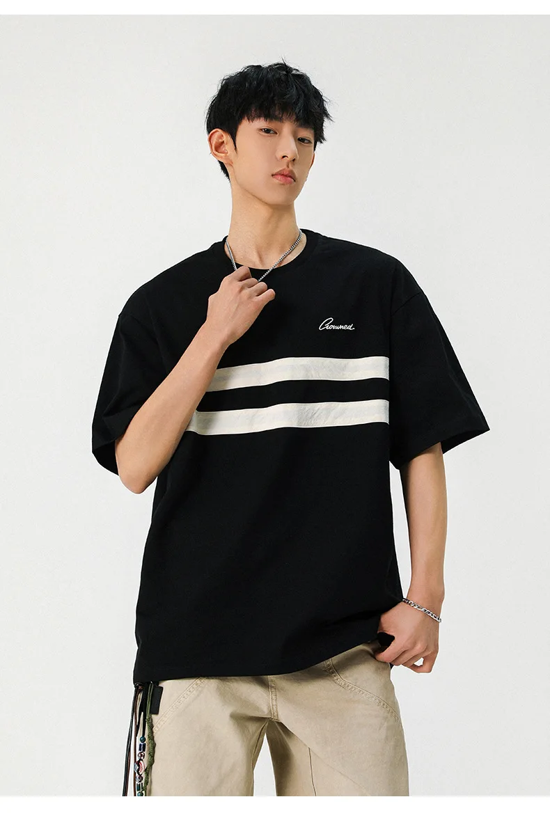 Retro Embroidery Loose Casual Short Sleeve T-Shirt Men's Summer Cotton Slightly Wrinkled Stripe Color Clash Design Body Shirt