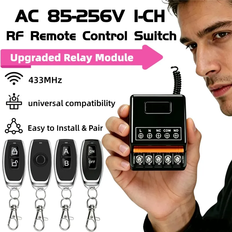 433Mhz Wireless Remote Control Switch AC 85-256V 30A Relay 1CH Receiver Controller and 1/2-botton RF 433 Mhz Transmitter