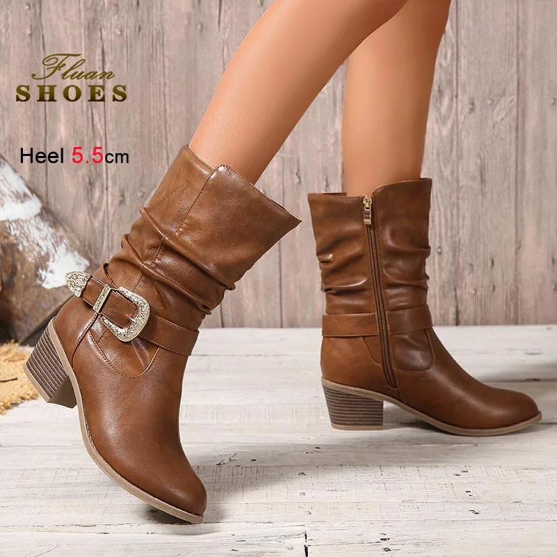 

Женские модные ботинки до середины икры на толстом каблуке с круглым носком, боковой молнией, кожаной пряжкой, на высоком каблуке, короткие ботинки больших размеров