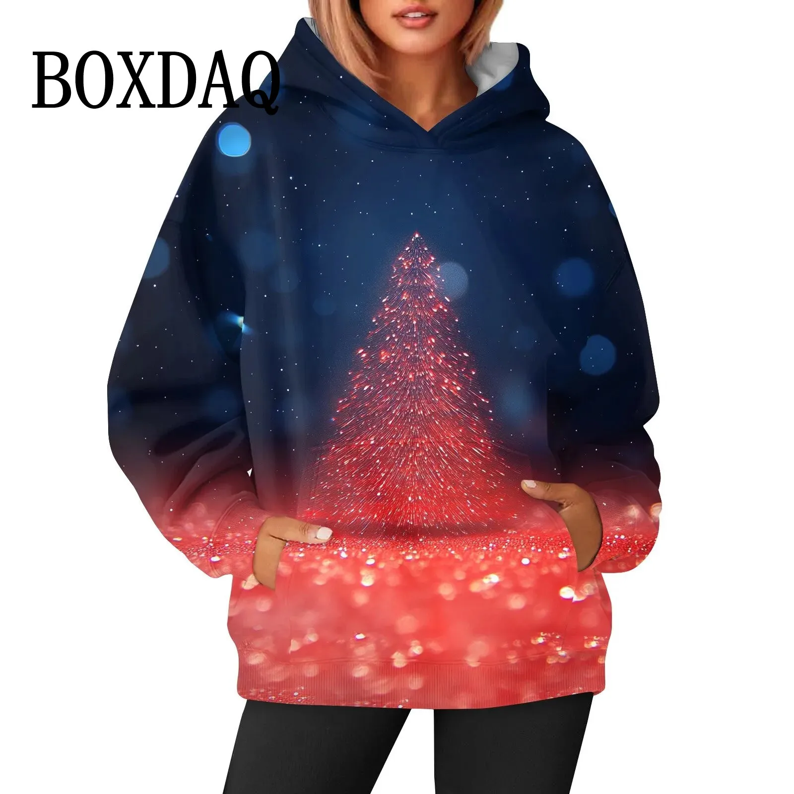 2024 Autumn Casual Women Long Sleeve Hoodies Red Chirstams Sweatshirts Snowman Print Hooded New Winter Pockets Pullovers Tops