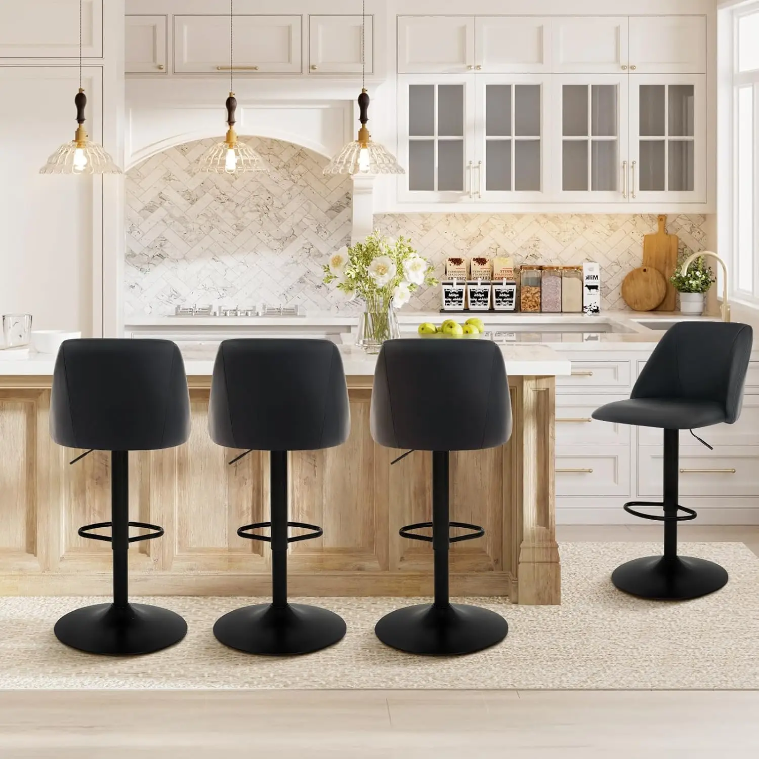 

Bar Stools Set of 4, Modern Swivel Bar Chairs, Adjustable PU Leather Upholstered Barstools Counter Height Full Backrest for Bar