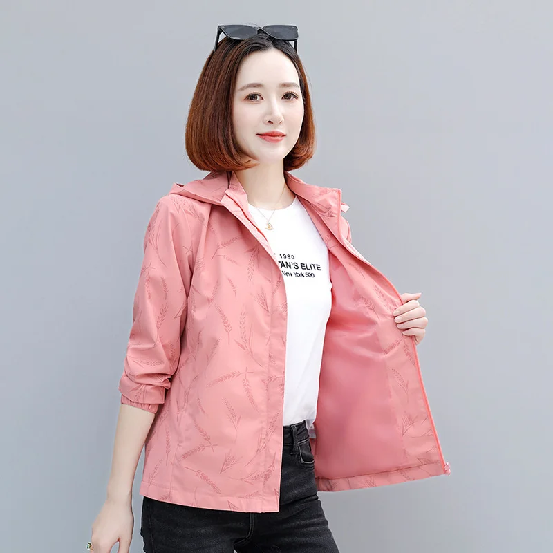 

Women Trench Coat Spring Autumn Jacket Detachable Hooded Print Zipper Female Windbreaker Outerwear Casual Tops Casaco Feminino