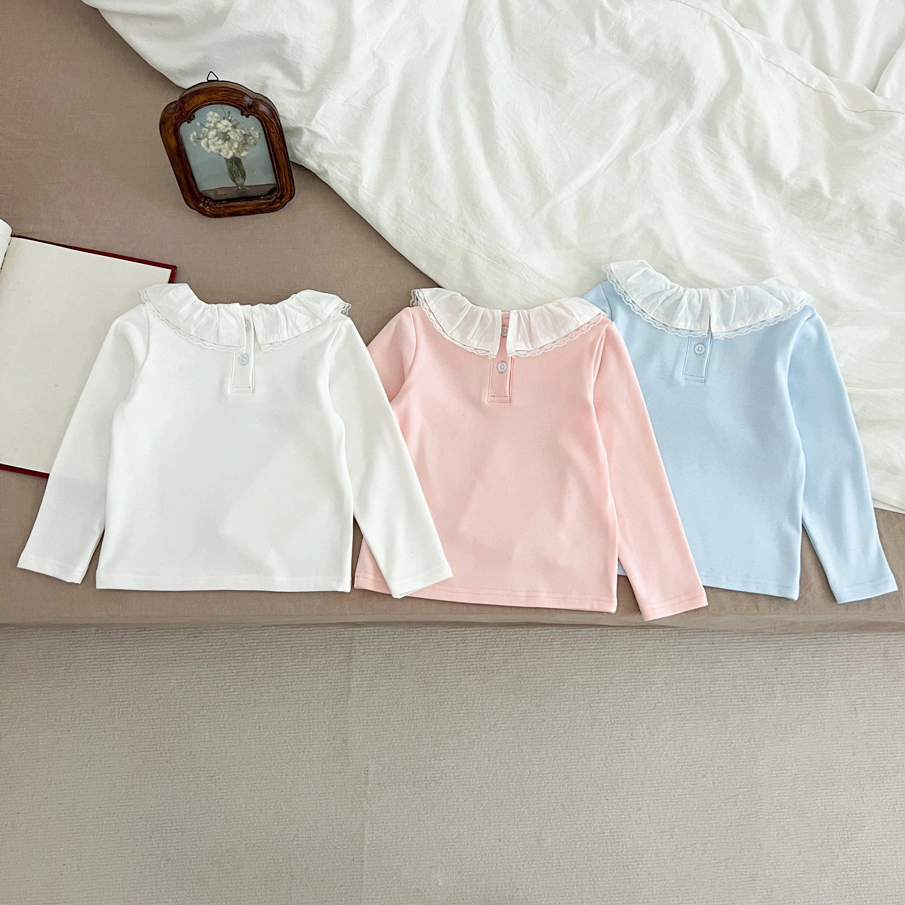 1-6Yrs Baby Kleidung Frühling Infant Mädchen Langarm T-shirts Spitze Lotus Kragen Prinzessin Kinder Bodenbildung Shirt Kleinkind Baumwolle Tops – Detail 6