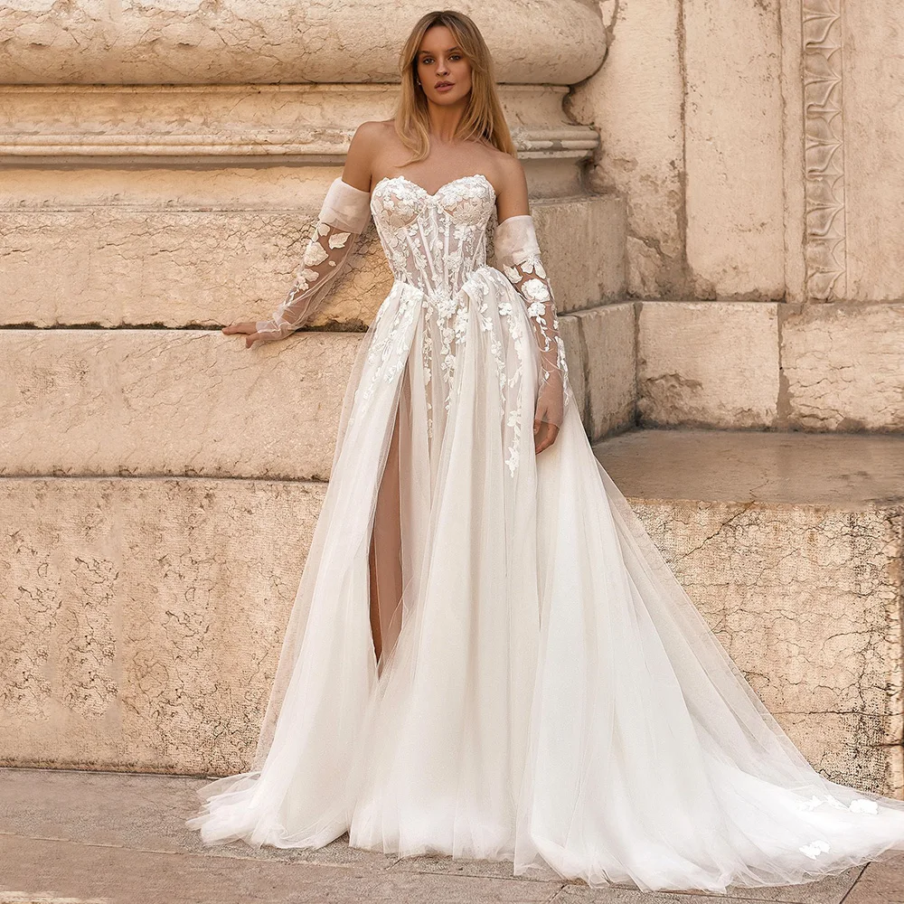 Sexy Side Slit Wedding Dress with Detachable Sleeve Customized Tulle Appliques Sweetheart Bridal Gown for Bride Vestido De Novia