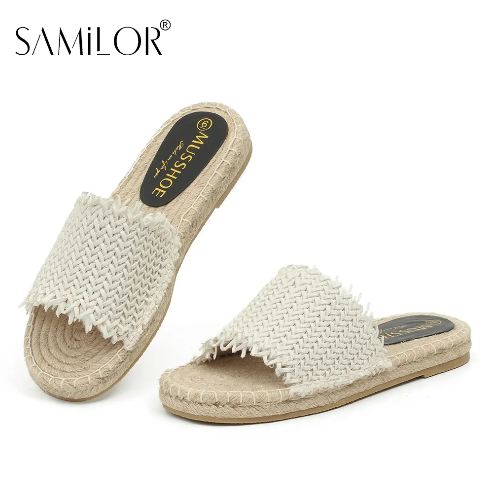 Samilor Tassel Fabric Open Toe Flat Bottom Grass Woven Women Summer Solid Color Slippers Ladies Flats Slippers Weave Sandals