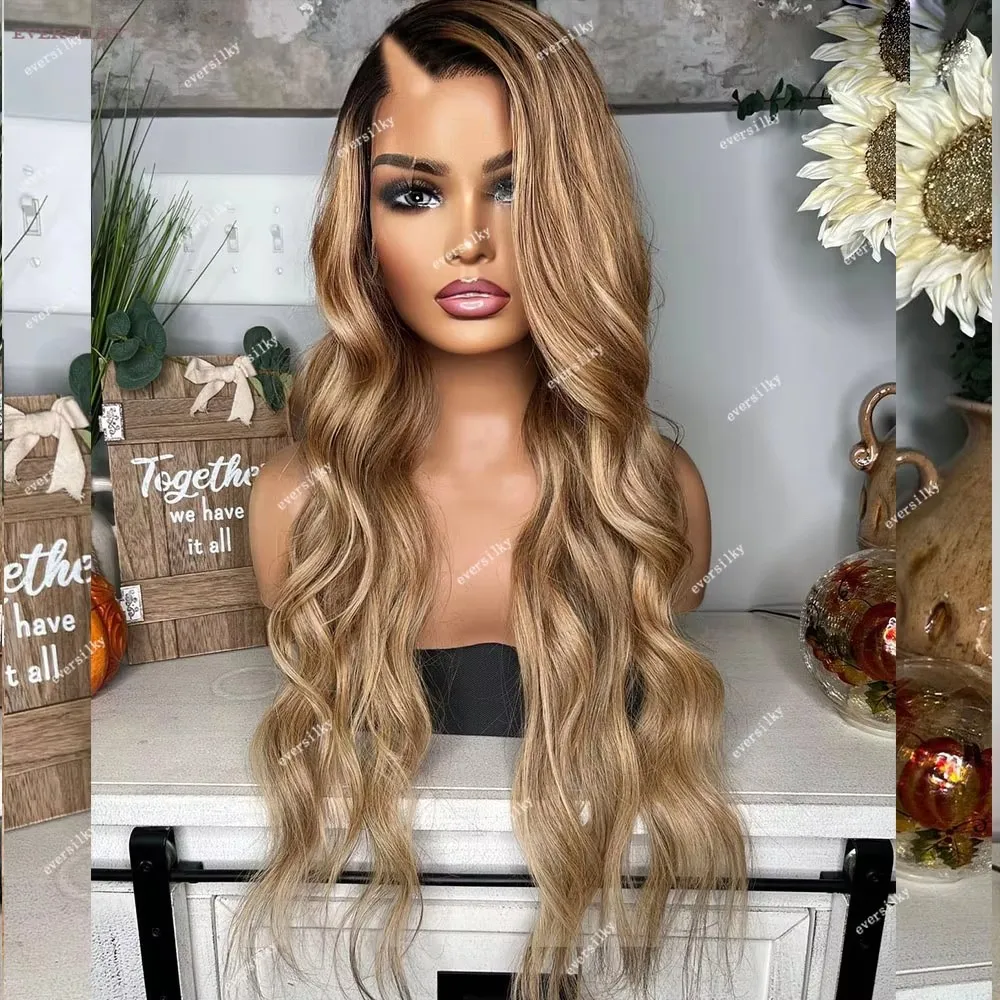 

Highlight Golden Honey Blonde Loose Wave V Part Wig Remy 100% Human Hair Glueless Wavy Ombre Ash Brown U Shape Wigs Full End