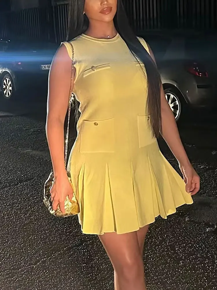 HH Female Casual Slim Pleated Dress Yellow O-Neck Sleeveless Pocket Buttons Decorate Summer Dresses Woman 2024 Trendy