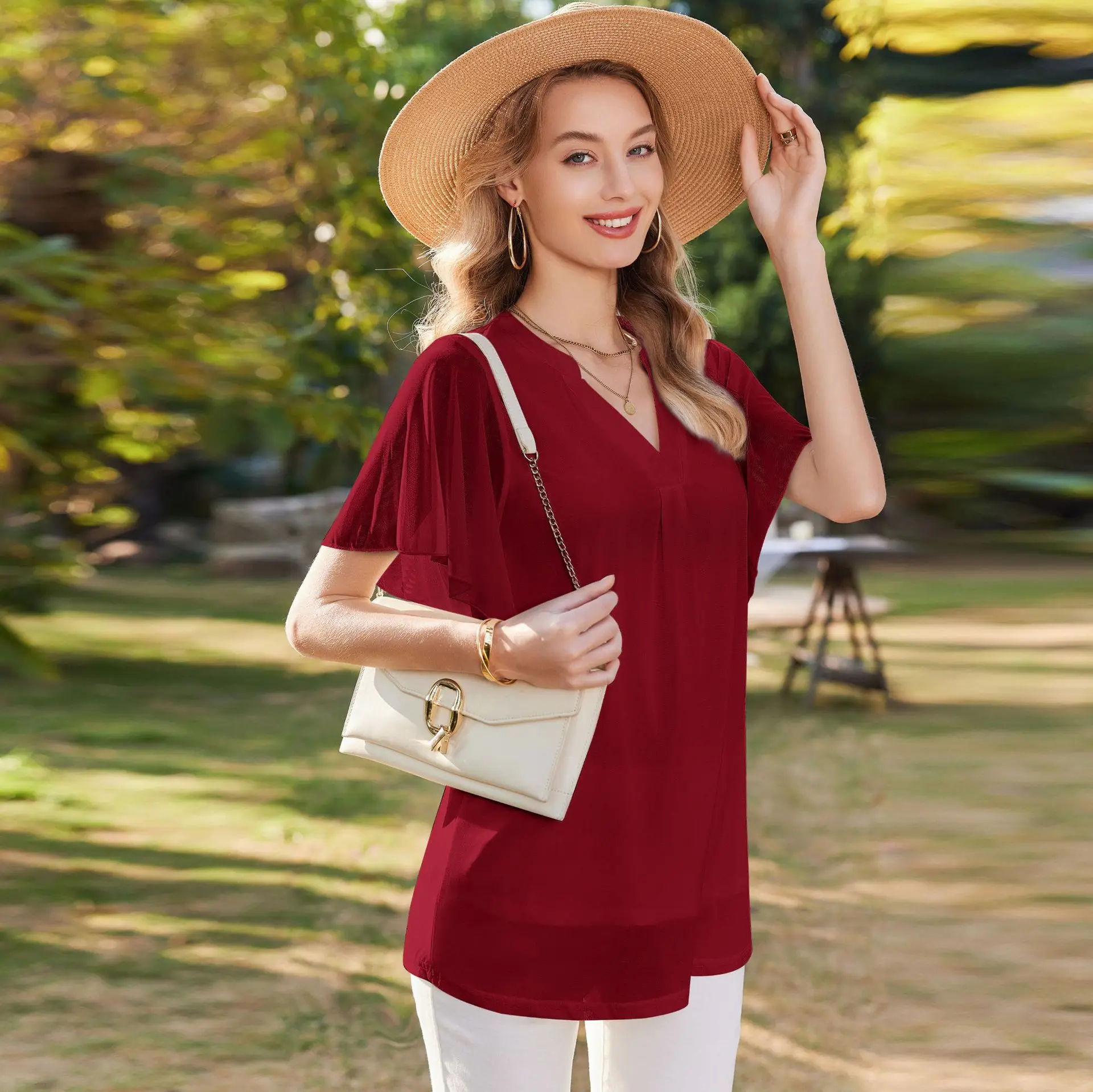 

Европейские и американские женские топы Футболка с v-образным вырезом и короткими рукавами Ультратонкие и свободные