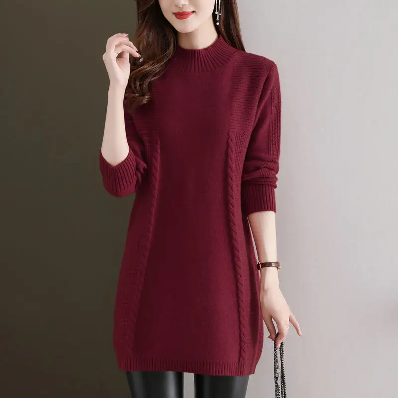 Thickened Outerwear Winter New Women's Fashion Solid Color Interior Loose Base Shirt Medium Long Half High Neck Knitted Sweater