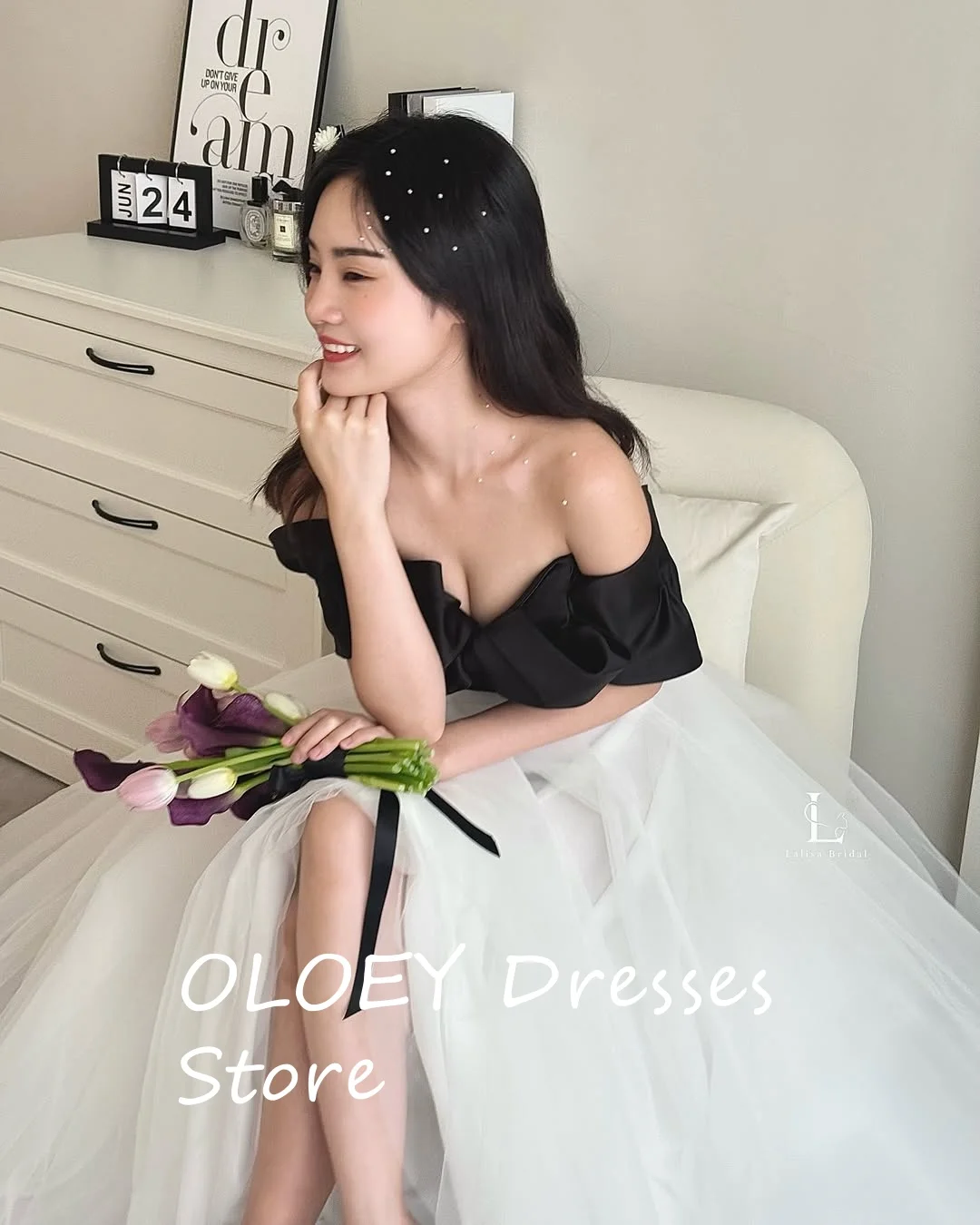 

OLOEY Elegant Black And White Formal Evening Dresses Korea Wedding Photo shoot Sweetheart Tulle Formal Birthday Gowns Customized