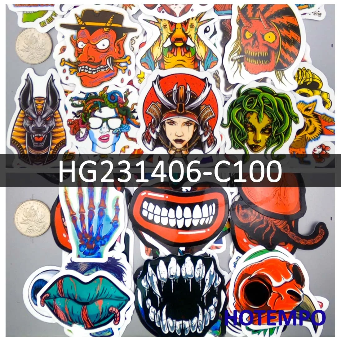 100Pieces, Horror Style Stickers Set, Gothic Art Skull Demon Witch Monster, for Laptop Car Phone Motorcycle, Funny Sticker Pack