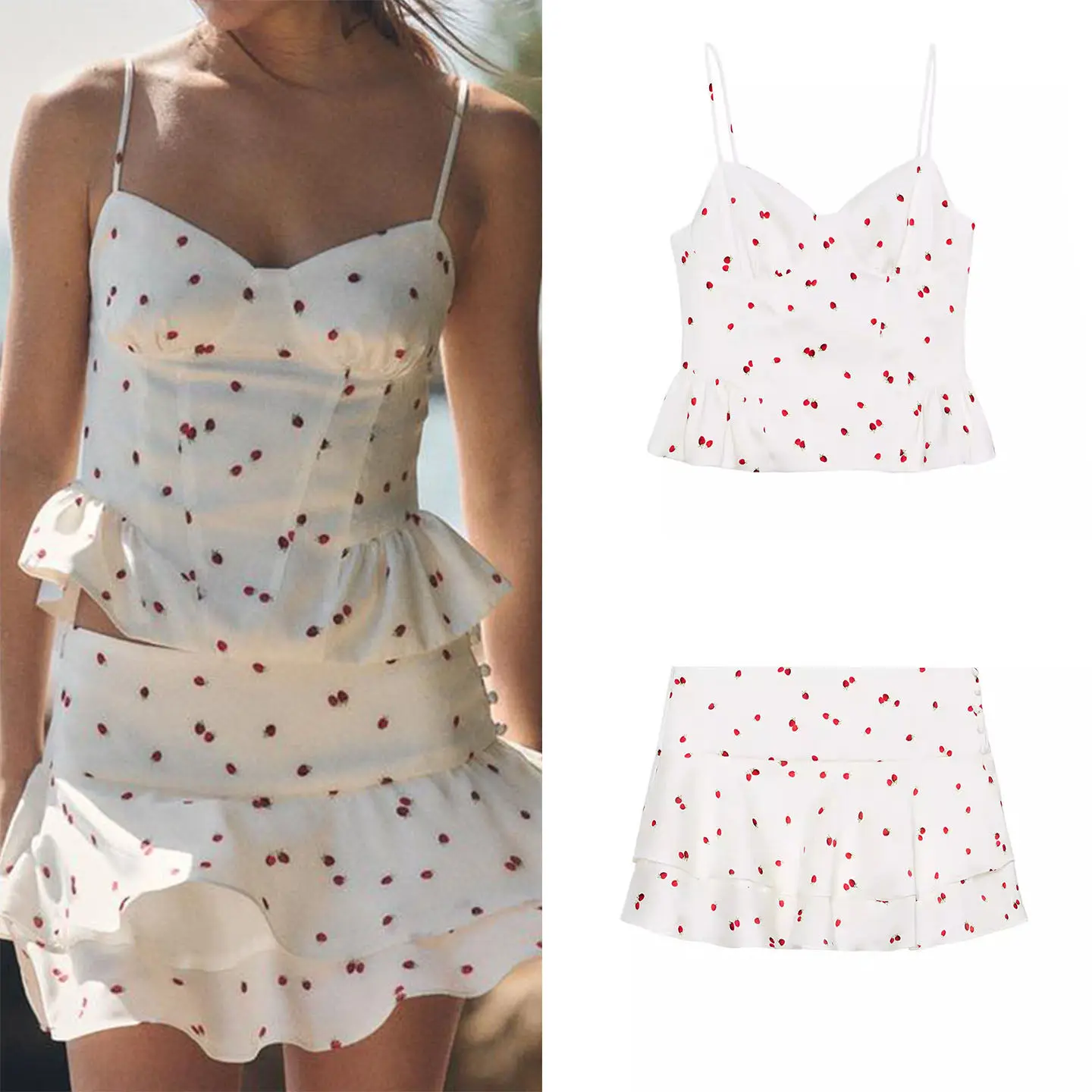 

Women's Fashion Spring 2026 Strawberry Print Texture Top Layered Decor Skirt Set Short Sleeve Casual Wear for Adults