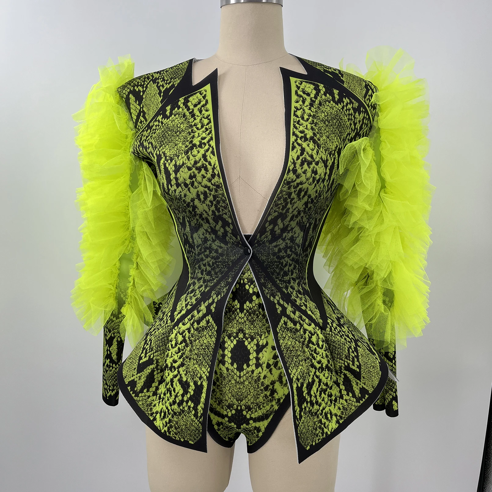 Fashion Sexy Performance Costume Fluorescent Green Snake Three Piece Set Print Halloween Leotard Women Festival Bodysuit Outfit