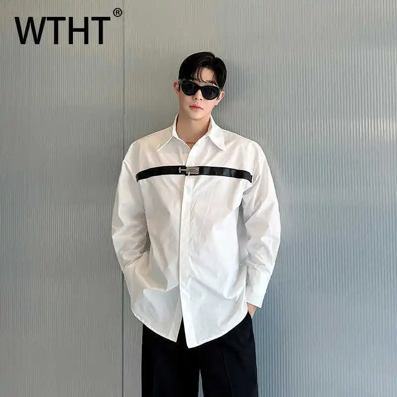 WTHT Fashion Men's Spliced Leather Striped Contrast Color Shirts Trendy Long Sleeves Single-breasted Top Male 2025 Summer 2A0535