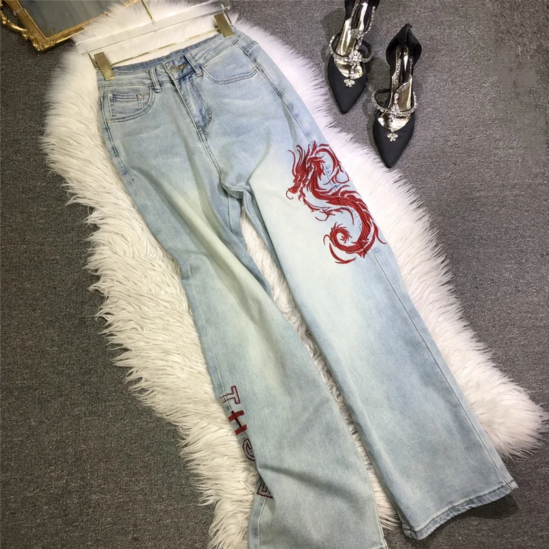 

Chinese Style Embroidery Dragon Straight Long Trousers All-match Spring Summer Jeans Light Blue Mopping Floor Denim Pants Casual