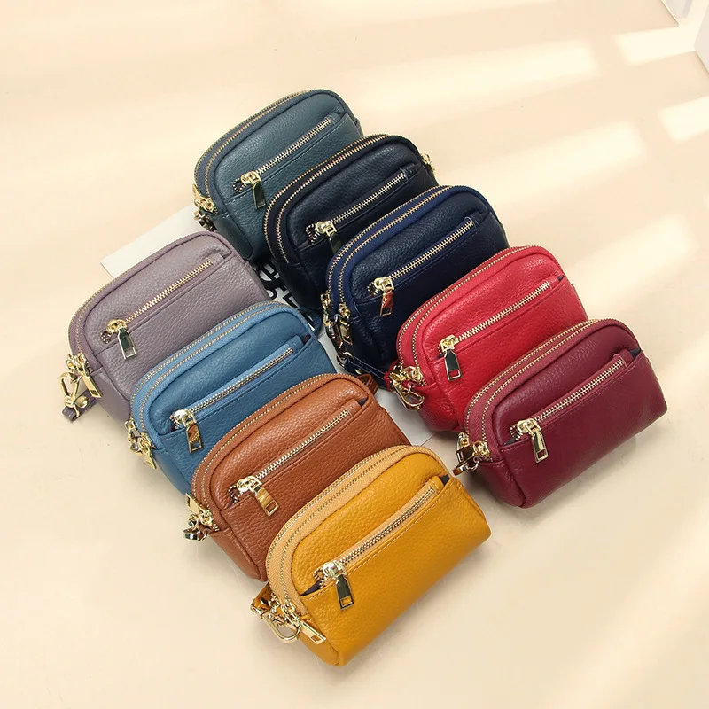

Women's Genuine Leather Wristlet Coin Purse, Triple Zipper Compact Mini Pouch with Wrist Strap, Portable Real Leather Clutch Bag