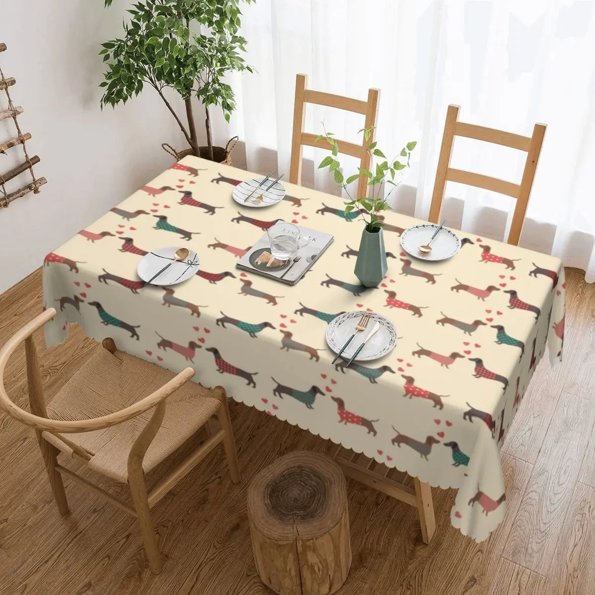 Rectangular Couple Dachshund Dog Pattern With Heart Table Cloth Waterproof Tablecloth Outdoor 40