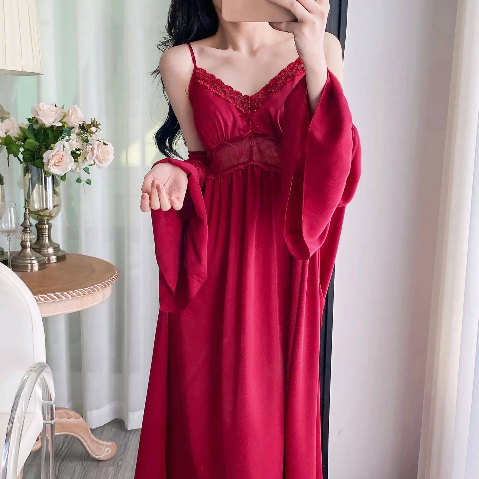 

Sexy Sleepwear Women Elegant Lace Backless Home Wear Chemise Nightdres Ice Silk Pajamas Female Lingerie 2Pcs Robe Suit Kimono