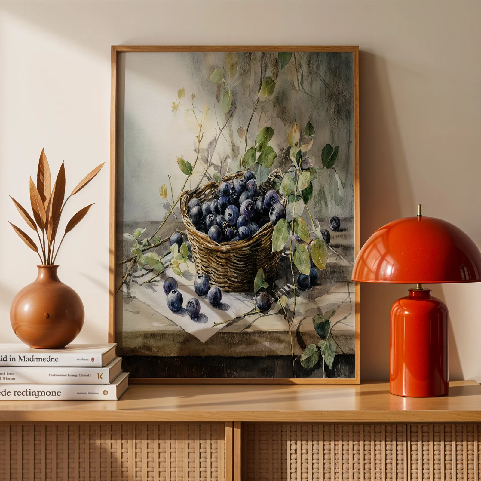 Vintage Watercolor Blueberry Basket Still Life Canvas Wall Art,2D Print,Wall Decor For Living Room Dining Bar Kitchen,Aesthetic