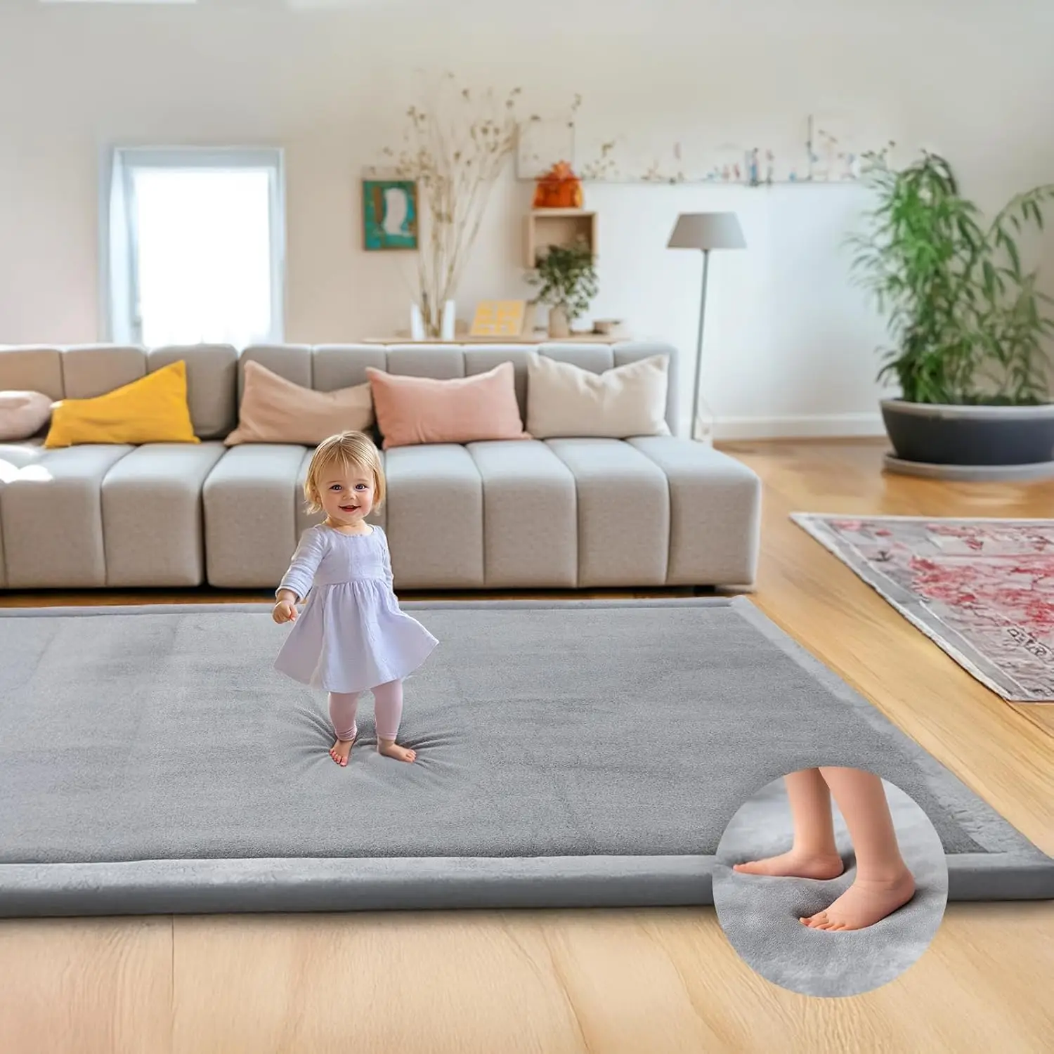 

Ultra Soft 1.3" Thick Baby Play Mat, Extra Large Velvet Non-Slip Floor Mat for Tummy Time and Crawling, Easy Care Gray