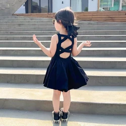 2024 Summer Girls Elegant Goth Dresss Black Sleeveless Tutu Dress Backless Off Shoulder Party Kid Dresses 2 3 4 5 6 8 Years Old