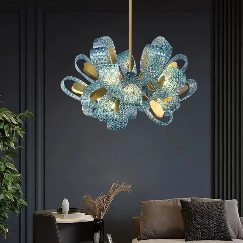 

Modern LED Blue Peacock Leaf Glass Designer Hanging Lamps Copper Lustre Ceiling Chandeliers Lighting Suspension Luminaire Lampen