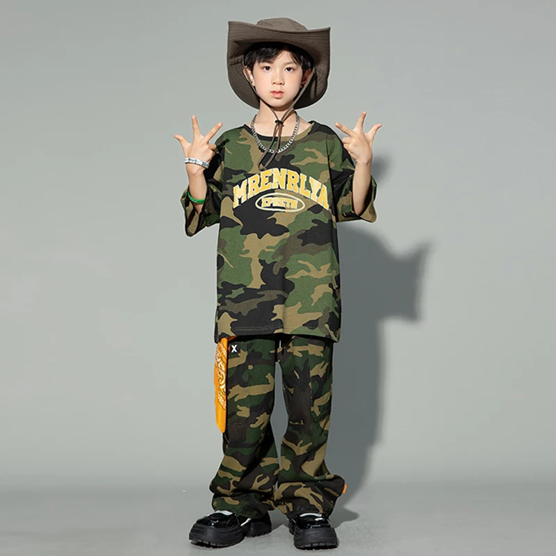 Camiseta de camuflaje para niños, pantalones, ropa fresca de Hip Hop, traje de baile de Jazz para niñas, traje Kpop, ropa de baile callejero SL8629