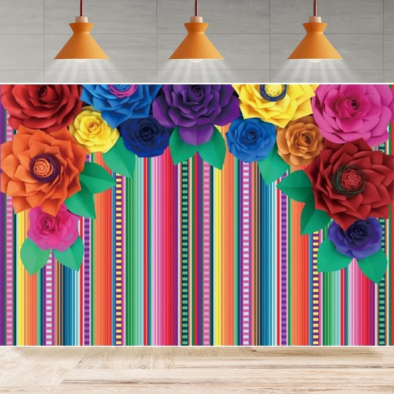 Mexico Fiesta Photography Background Floral Colorful Vertical Stripes Day OF The Dead Cinco De Mayo Party Backdrop Wall Banner