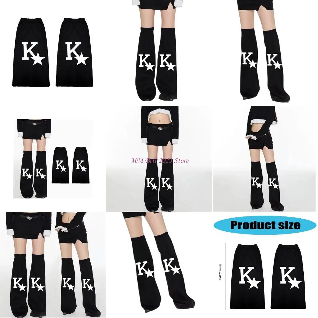

49ME Women Harajuku Overknee Black Denims Leg Warmers Punk Letter Star Print Flared Baggy Boot Covers Long Socks Streetwear