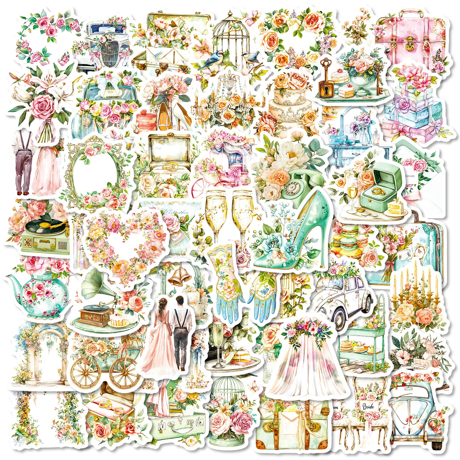 56PCS Vintage Wedding Flower Stickers Gift Box Party Decoration Stationery Notebook Suitcase Fridge DIY Aesthetic Decal Sticker