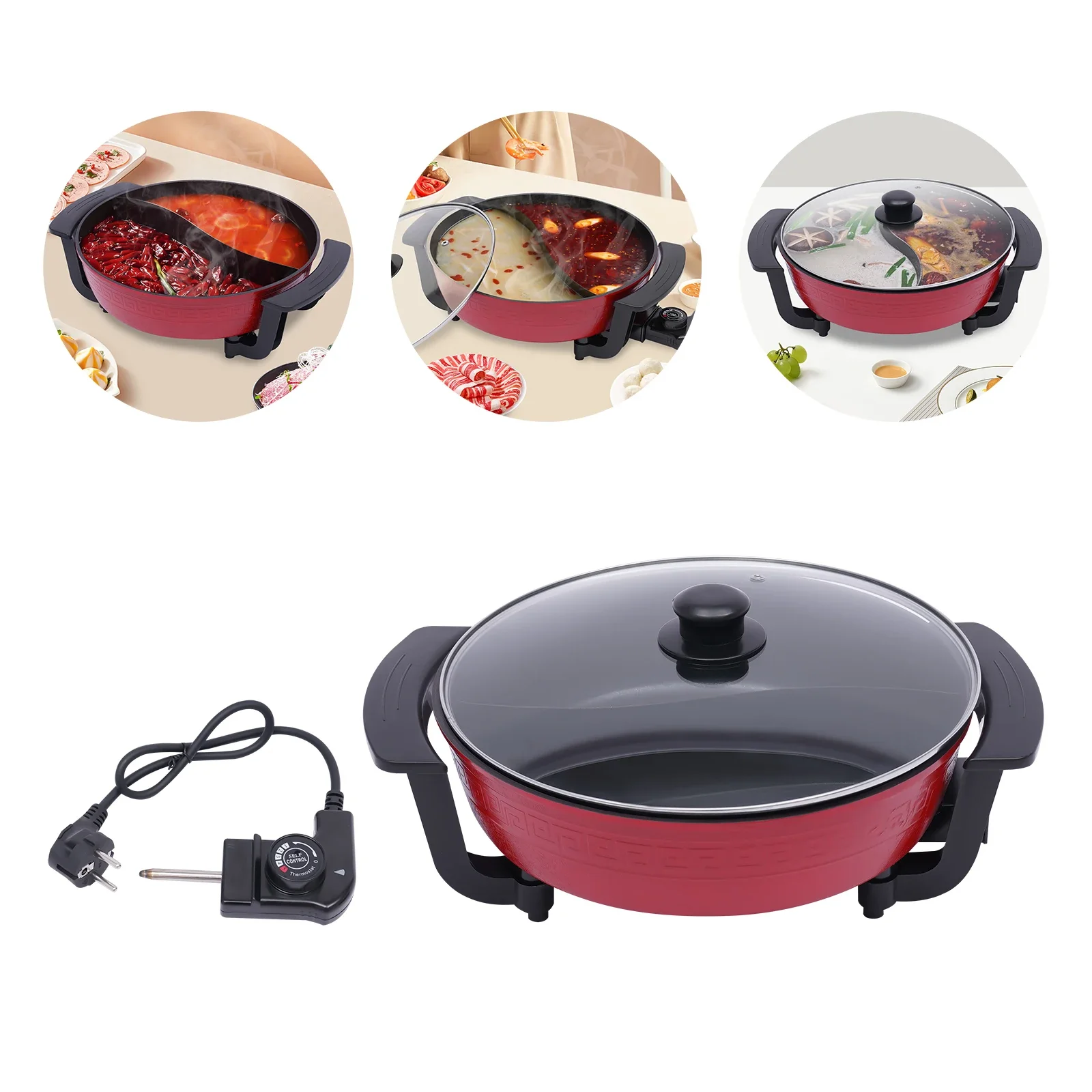 Olla de pato mandarín, olla caliente doble, Fondue chino, olla caliente eléctrica antiadherente multifuncional para el hogar de gran capacidad de 6L, roja