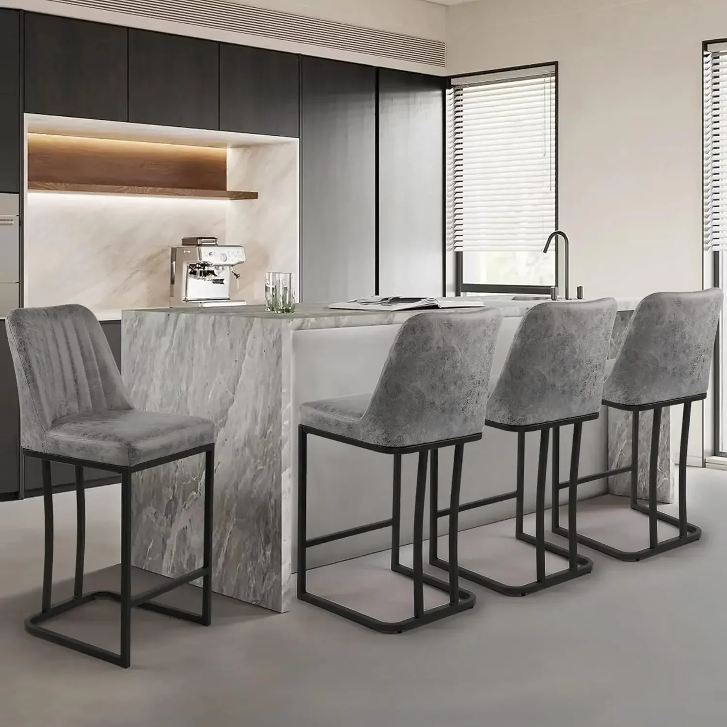 

-Bar Stools Set Of 4 Upholstered Fabric Counter Height Bar Stool 24.8 Inch Kitchen Island Bar Chairs Black Metal Leg Barstools