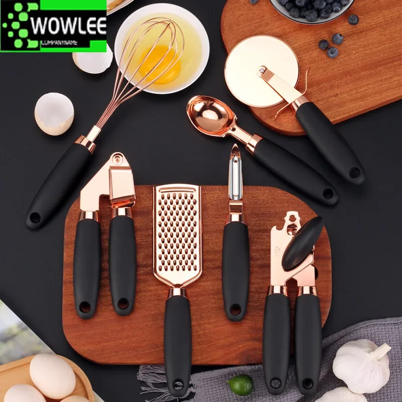 7PCS Rose Gold Garlic Press Pizza Cutter Kitchen Gadget Set Can Opener Potato Cooking High-End ware  Accessories