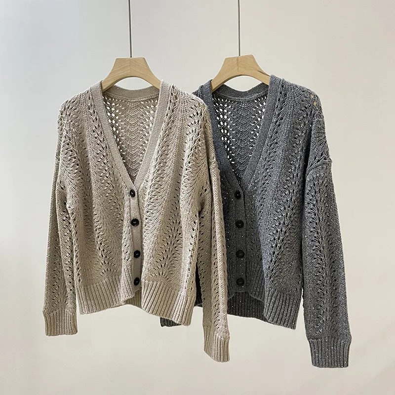 

Bc* Spring Women's New I-Ltalian High-luxury Knitted Cashmere Hollow Cardigan With Old-money Style Long-sleeved Sweater