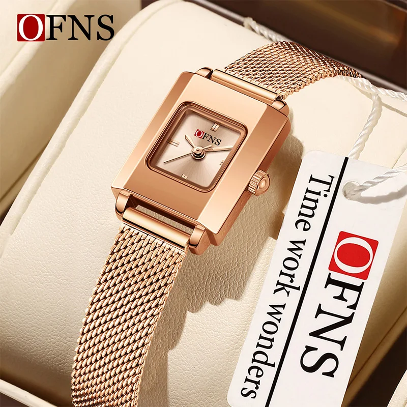 

OFNS New Fashionable Retro Mesh Belt Square Plate Women's Quartz Watch Sun Pattern Dial 8mm Thin Case 3ATM Waterproof