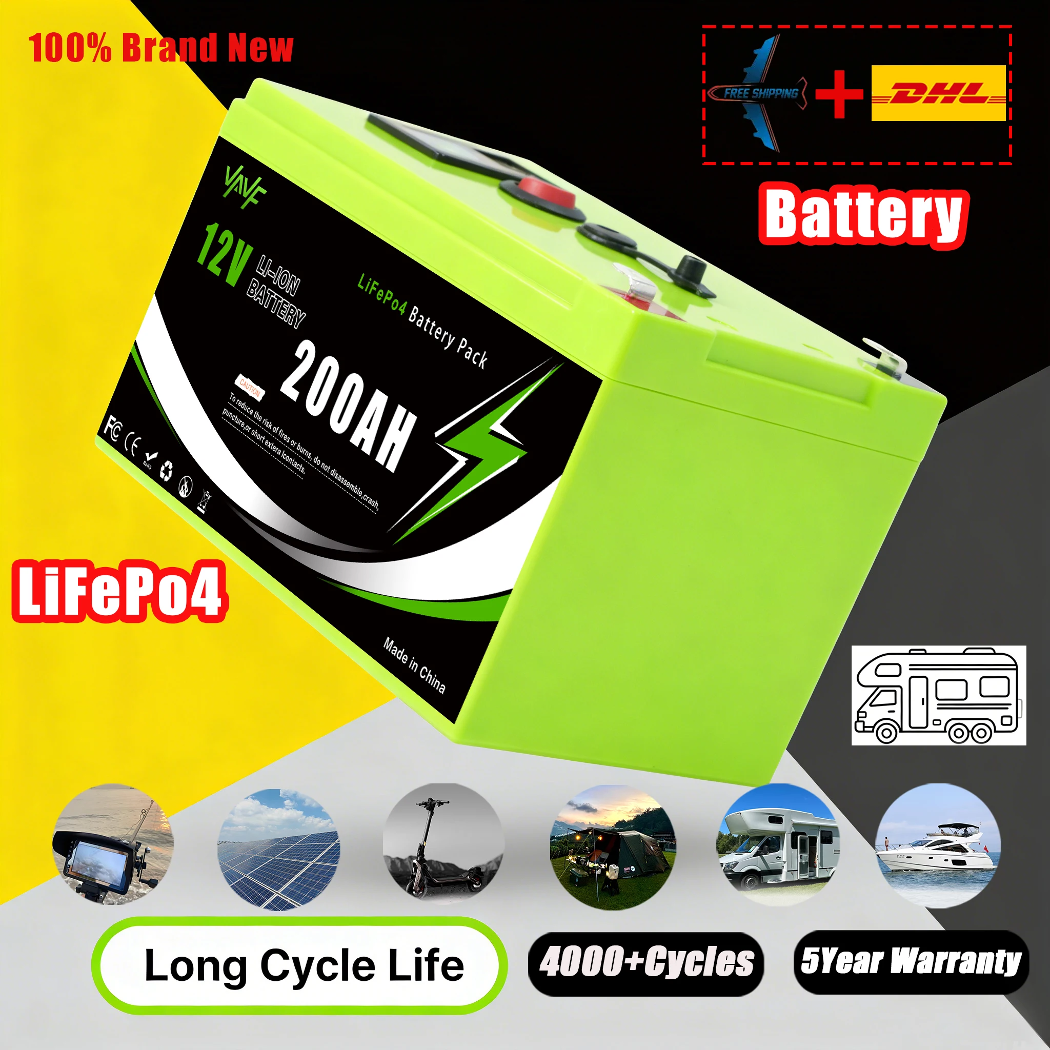 

Литиевая батарея 12 В 200 Ач LiFePO4 Солнечная батарея с усовершенствованной системой управления (BMS) для резервного питания солнечной батареи и автофургонов