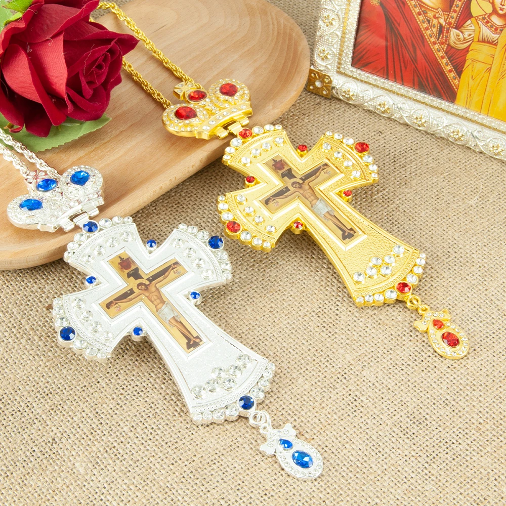 HT Orthodox Jesus Crucifix Icon Pectoral Cross Necklace for Church Bishop's Spiritual Gift