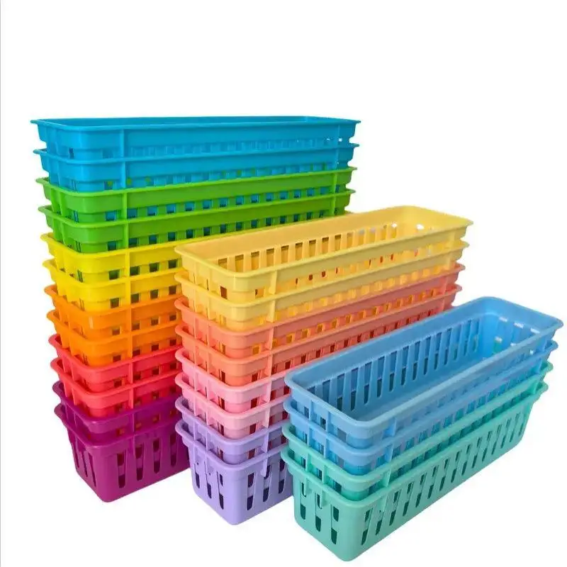 Stackable Storage Tray Colorful Plastic Pencil Basket Classroom Organizer For Pencils Crayons Small Stationery Desk Organizatio