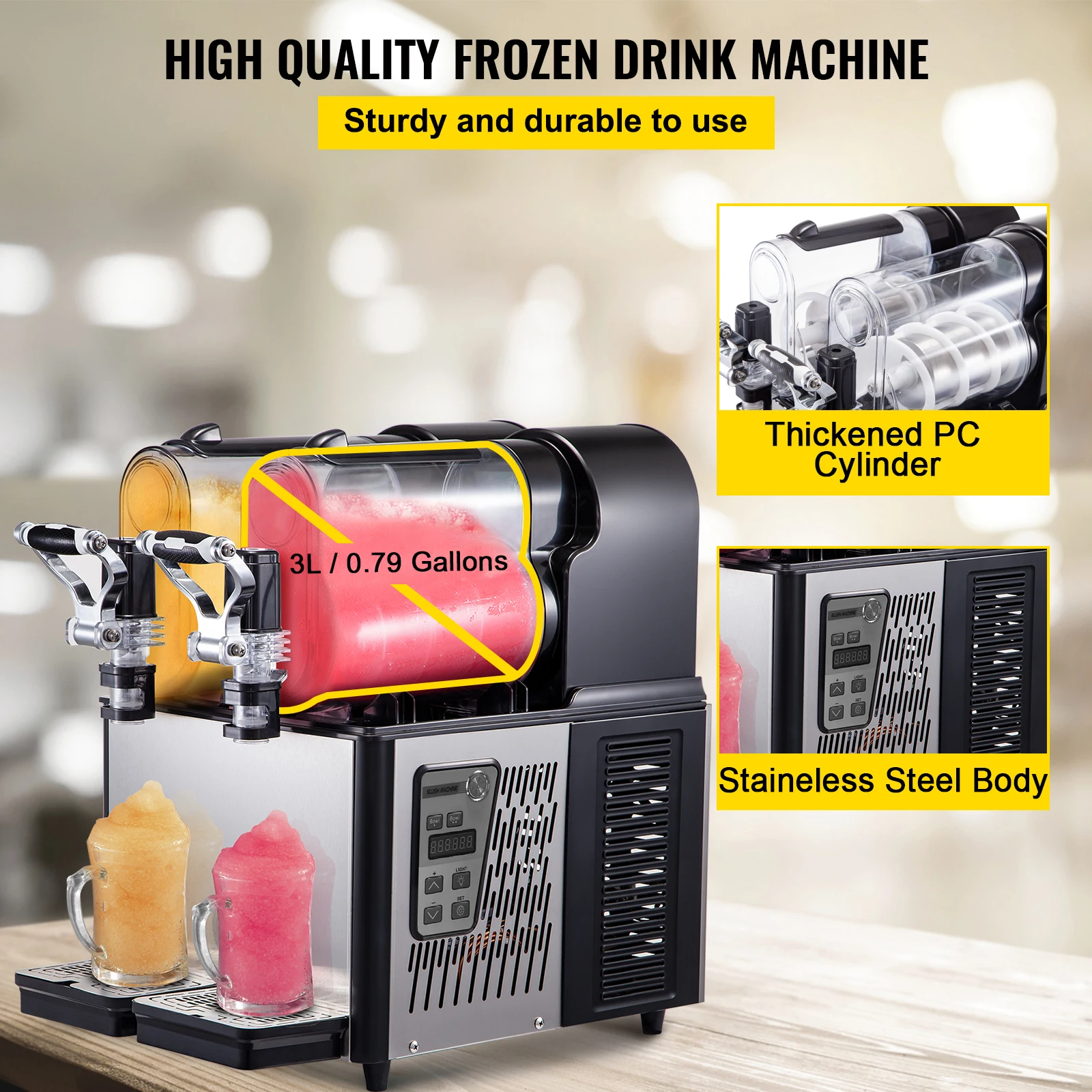 SucceBuy Commercial Slushy Machine 3L Tank Frozen Drink Machine 24 Cups Stainless Steel Margarita Smoothie Frozen Drink Maker
