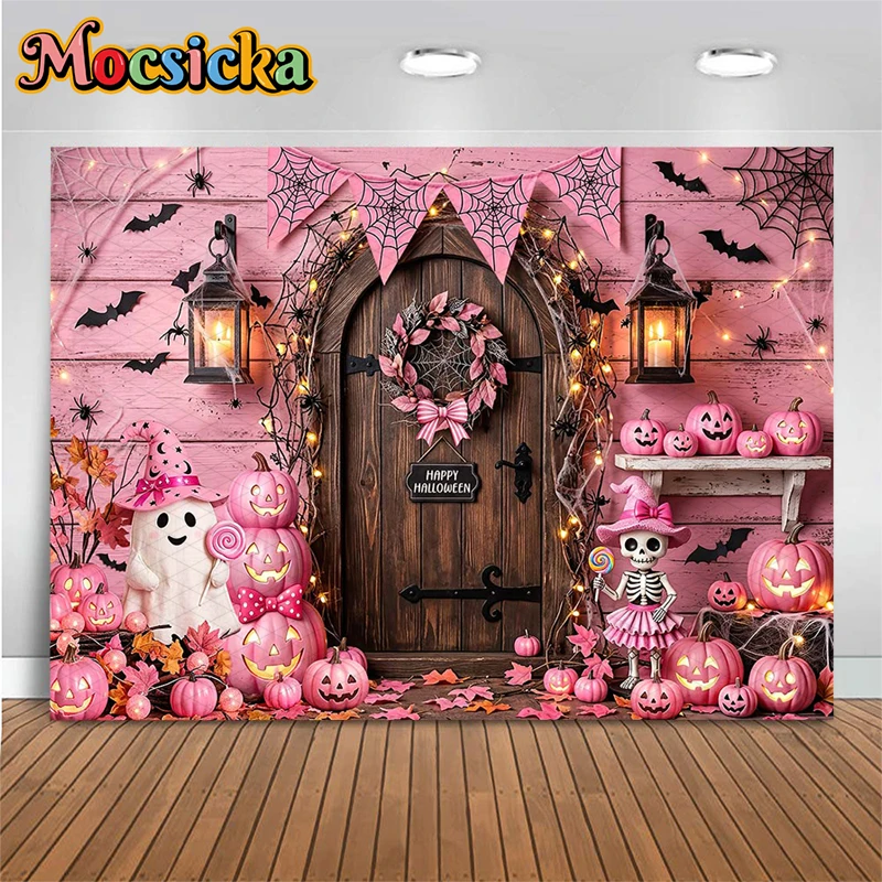 

Mocsicka Baby Shower Backgrounds For Photographs Halloween Pumpkin Party Backdrops Pink Decorations Photo Studio Shooting Props