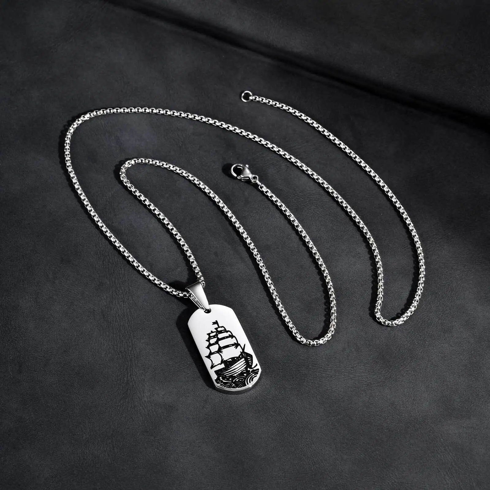 Punk-Seewellen-Erkennungsmarken-Halskette für Männer, Edelstahl, schwarzes Öl, Segelboot, Militär-Anhänger, Geschenk für Ehemann, Sohn, Vater – Detail 5
