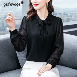 Frauen Bogen Schnürung Perlen schicke elegante Bluse Büro Dame Mode schwarze Chiffon hemden Langarm Tops Frühling Sommer Blusas