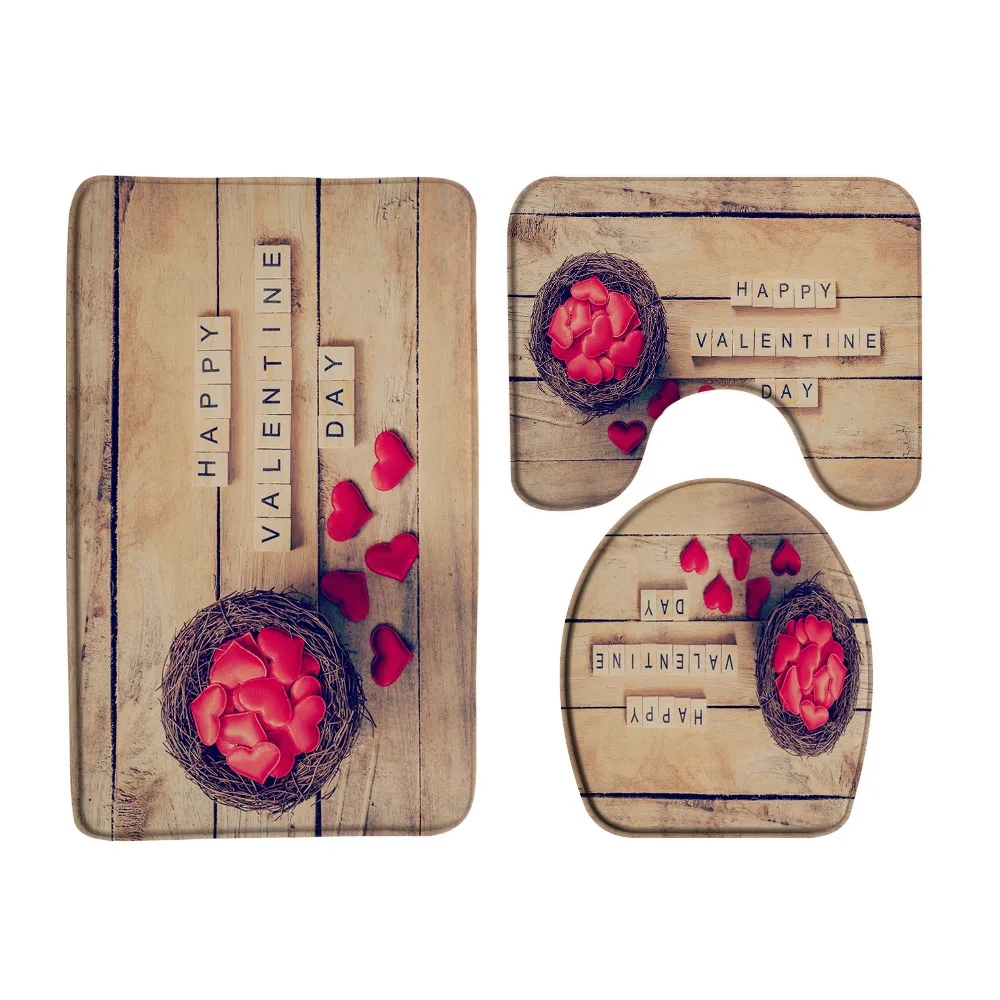 Red Heart Rose Flower Bath Mat Set Wooden Board Valentine's Day Wedding Entrance Doormat Non-Slip Bathroom Rug Toilet Lid Cover